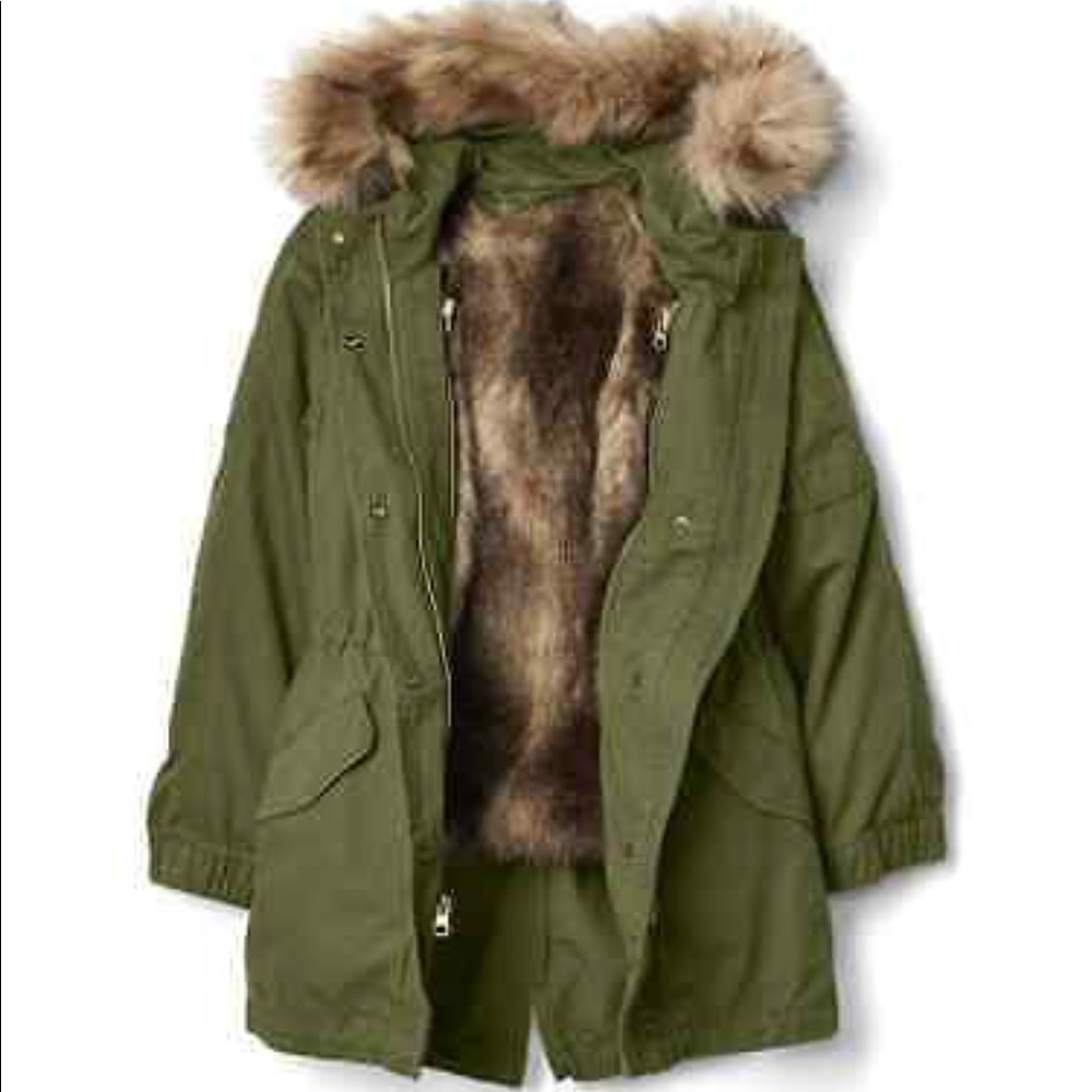 Kids Green Parka with Faux Fur Trim
